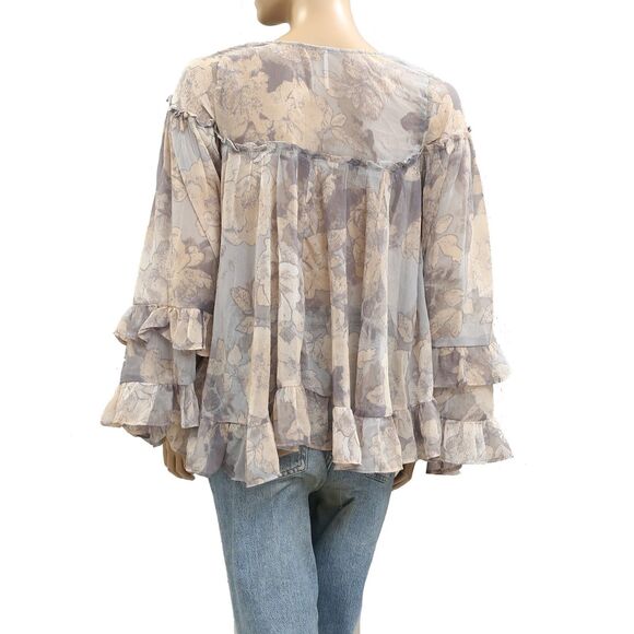 Free People Floral Printed Top Ruffle Sheer Long Sleeve High Low XS NEW 281366 - Picture 3 of 5